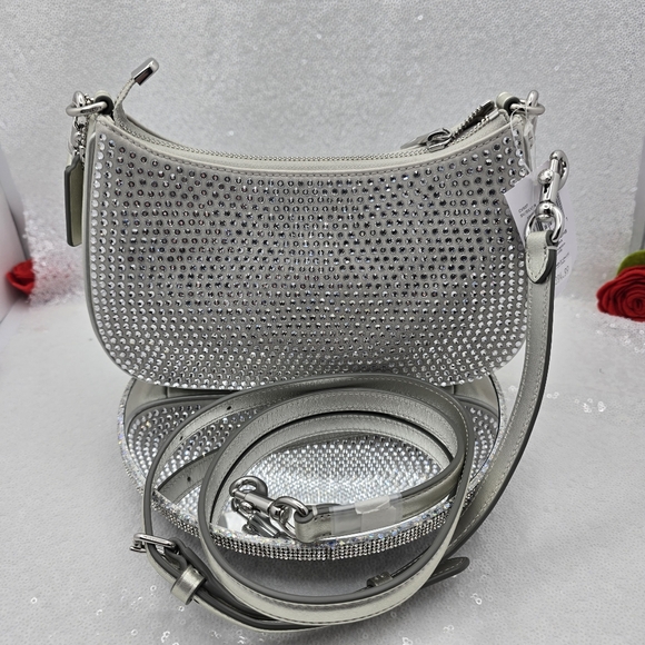 Coach Teri Mini Crystal Silver Metallic Leather Shoulder Crossbody Bag - Picture 5 of 14